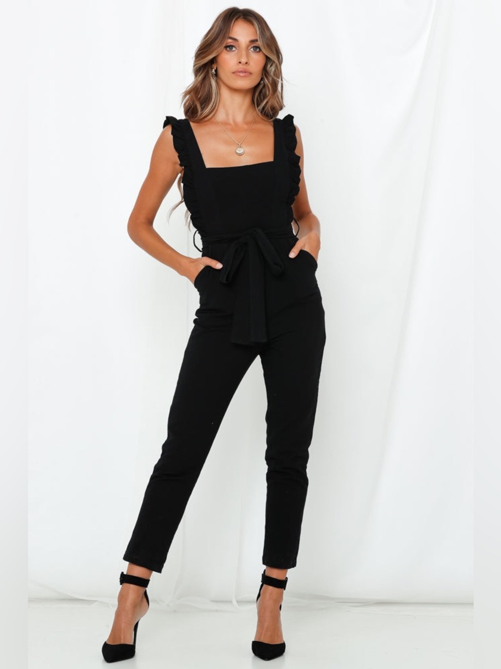 Hello Molly My Kind Of Night Black Ruffle Strap Tie Waist Jumpsuit Size Small